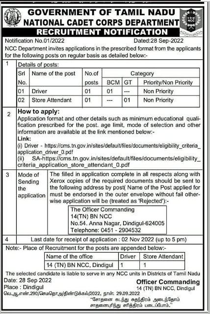 NCC Dindigul Recruitment 2022 Official Notification