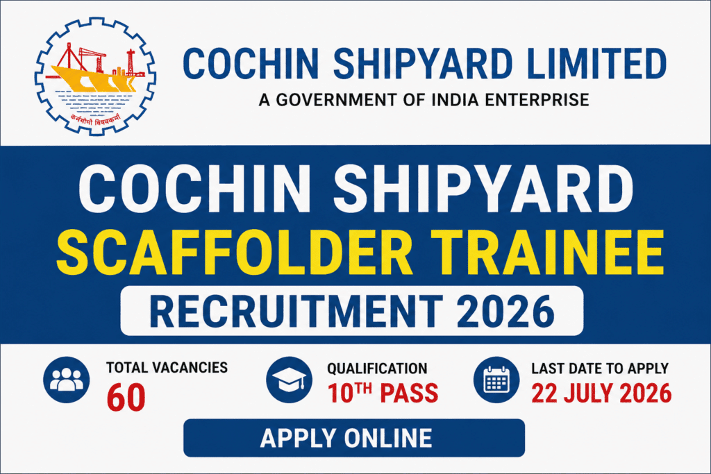 Cochin Shipyard Scaffolder Trainee Recruitment 2026 notification for 60 vacancies
