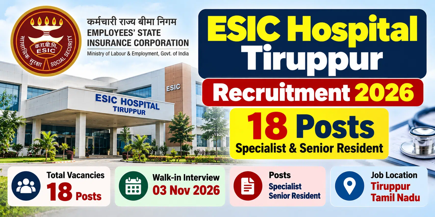 ESIC Hospital Tiruppur Recruitment 2026 for 18 Specialist and Senior Resident posts