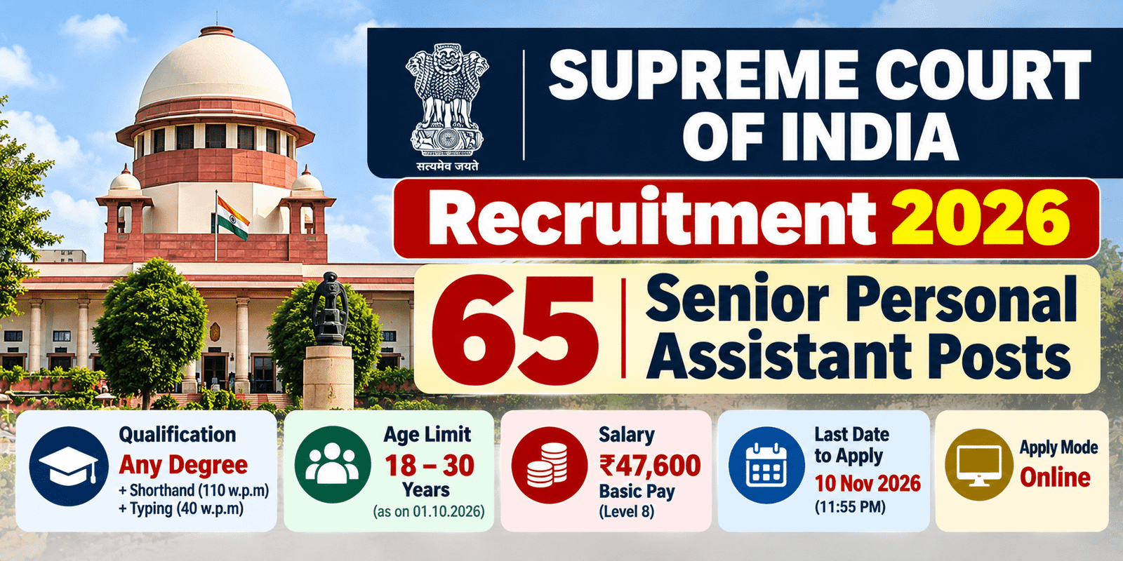 Supreme Court of India Recruitment 2026 for 65 Senior Personal Assistant posts